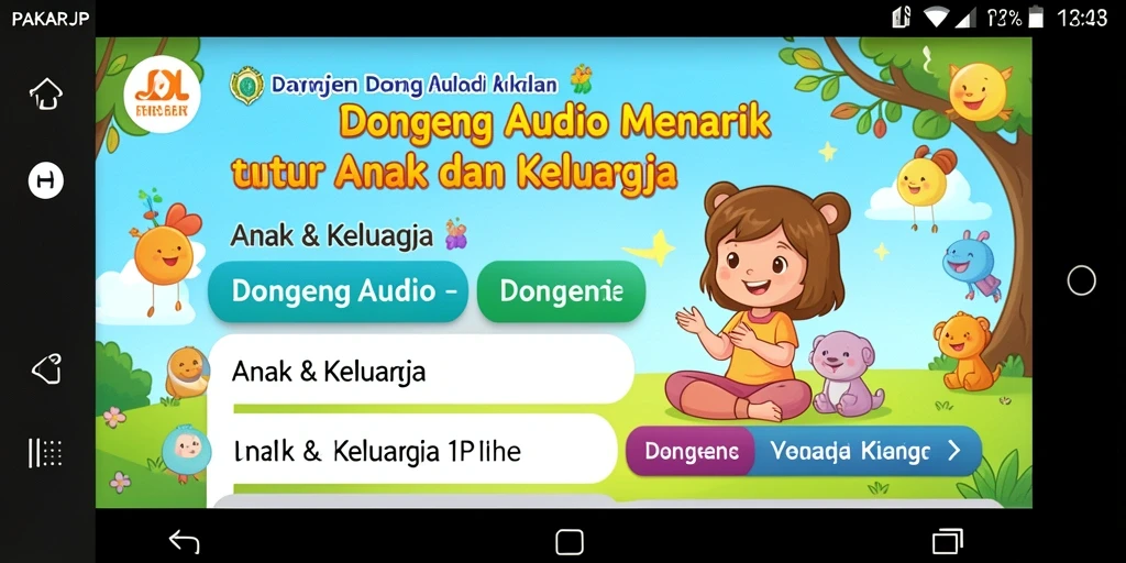 Antarmuka PAKARJP menampilkan koleksi dongeng audio yang menarik bagi anak-anak.