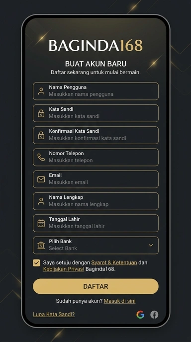 Tampilan halaman daftar baginda168